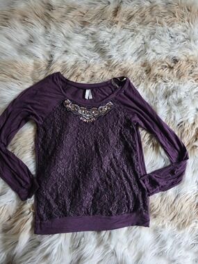 Vanity Plum Lace Long Sleeve Top Beaded Neckline